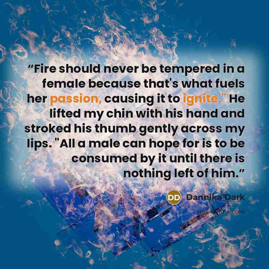 “Fire should never be tempered in a female because that's what fuels her passion, causing it to ignite." He lifted my chin with his hand and stroked his thumb gently across my lips. "All a male can hope for is to be consumed by it until there is nothing left of him.” quote by Dannika Dark