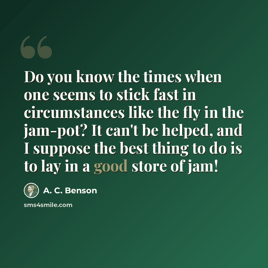 “Do you know the times when one seems to stick fast in circumstances like the fly in the jam-pot? It can't be helped, and I suppose the best thing to do is to lay in a good store of jam!” quote by A. C. Benson