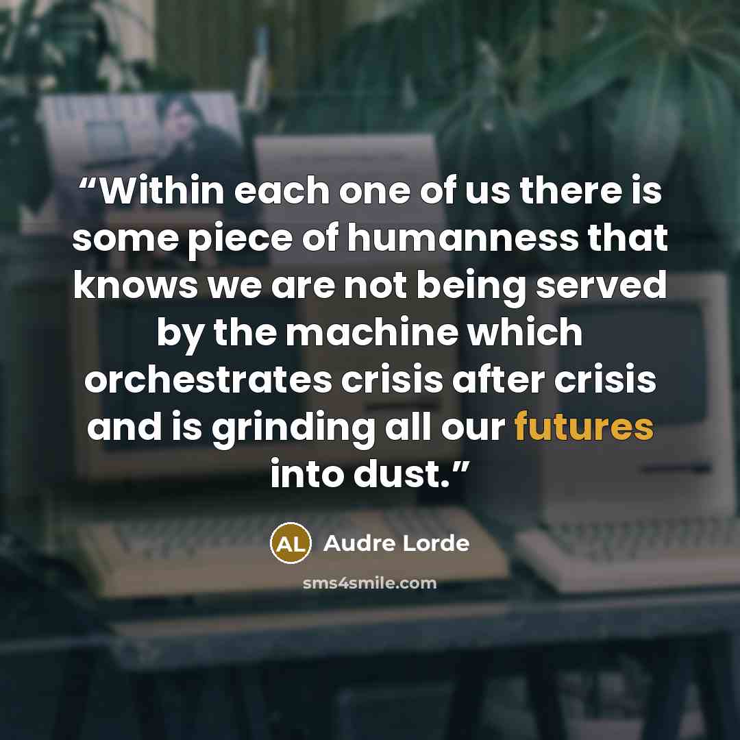 “Within each one of us there is some piece of humanness that knows we are not being served by the machine which orchestrates crisis after crisis and is grinding all our futures into dust.” quote by Audre Lorde
