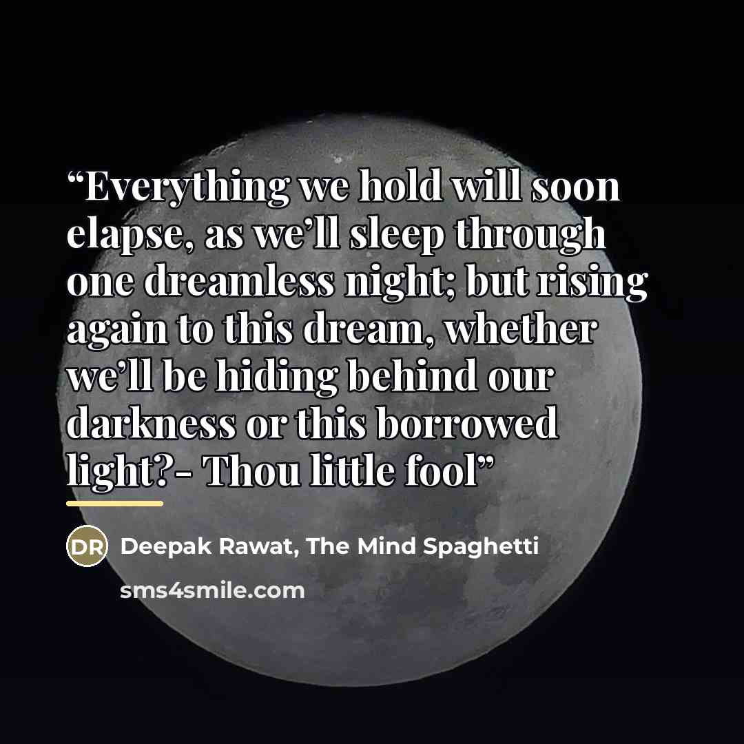“Everything we hold will soon elapse, as we’ll sleep through one dreamless night; but rising again to this dream, whether we’ll be hiding behind our darkness or this borrowed light?- Thou little fool” quote by The Mind Spaghetti Deepak Rawat
