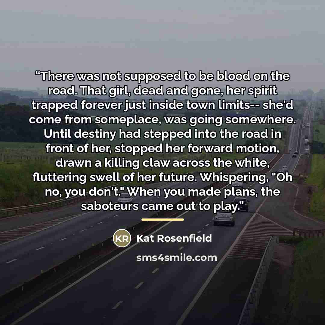 “There was not supposed to be blood on the road. That girl, dead and gone, her spirit trapped forever just inside town limits-- she'd come from someplace, was going somewhere. Until destiny had stepped into the road in front of her, stopped her forward motion, drawn a killing claw across the white…” quote by Kat Rosenfield