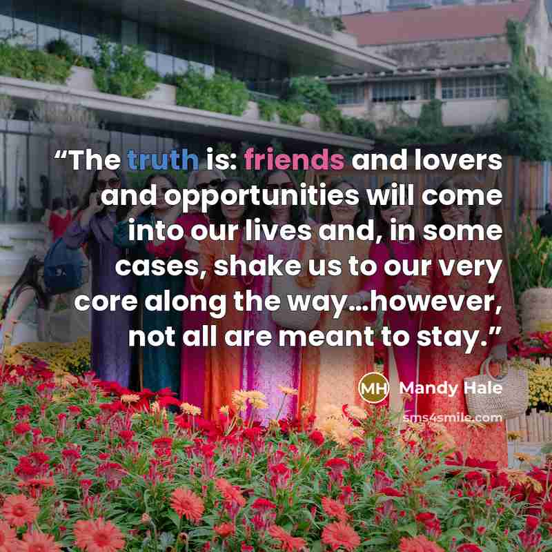 “The truth is: friends and lovers and opportunities will come into our lives and, in some cases, shake us to our very core along the way…however, not all are meant to stay.” quote by Mandy Hale