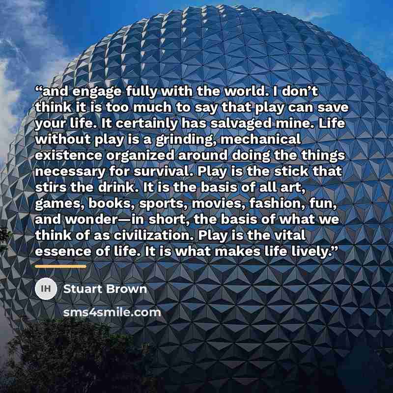 “and engage fully with the world. I don’t think it is too much to say that play can save your life. It certainly has salvaged mine. Life without play is a grinding, mechanical existence organized around doing the things necessary for survival. Play is the stick that stirs the drink. It is the basis…” quote by Stuart Brown