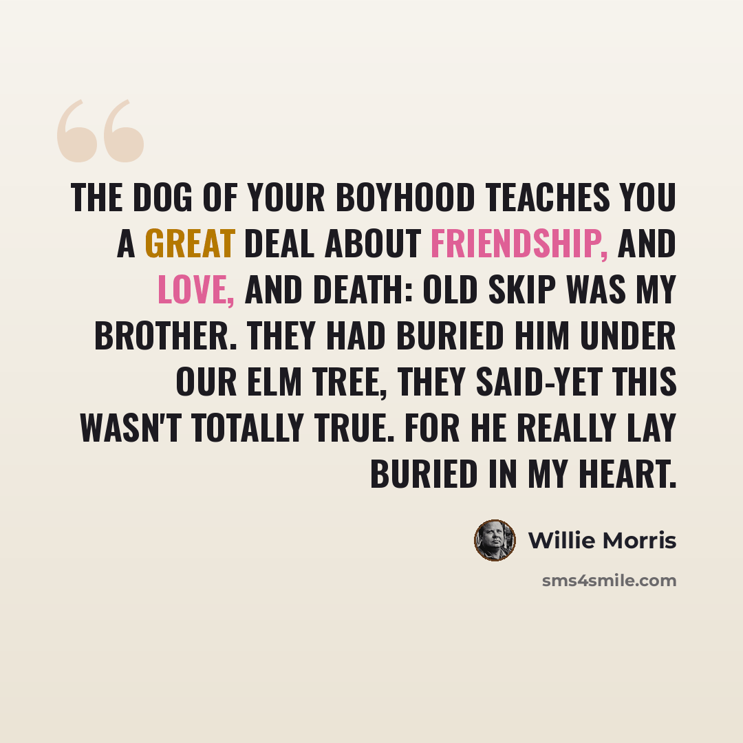 “The dog of your boyhood teaches you a great deal about friendship, and love, and death: Old Skip was my brother. They had buried him under our elm tree, they said-yet this wasn't totally true. For he really lay buried in my heart.” quote by Willie Morris