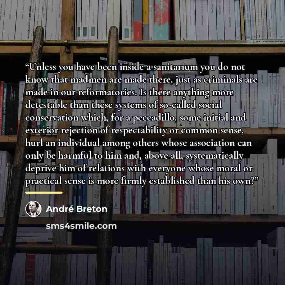 “Unless you have been inside a sanitarium you do not know that madmen are made there, just as criminals are made in our reformatories. Is there anything more detestable than these systems of so-called social conservation which, for a peccadillo, some initial and exterior rejection of respectability…” quote by André Breton
