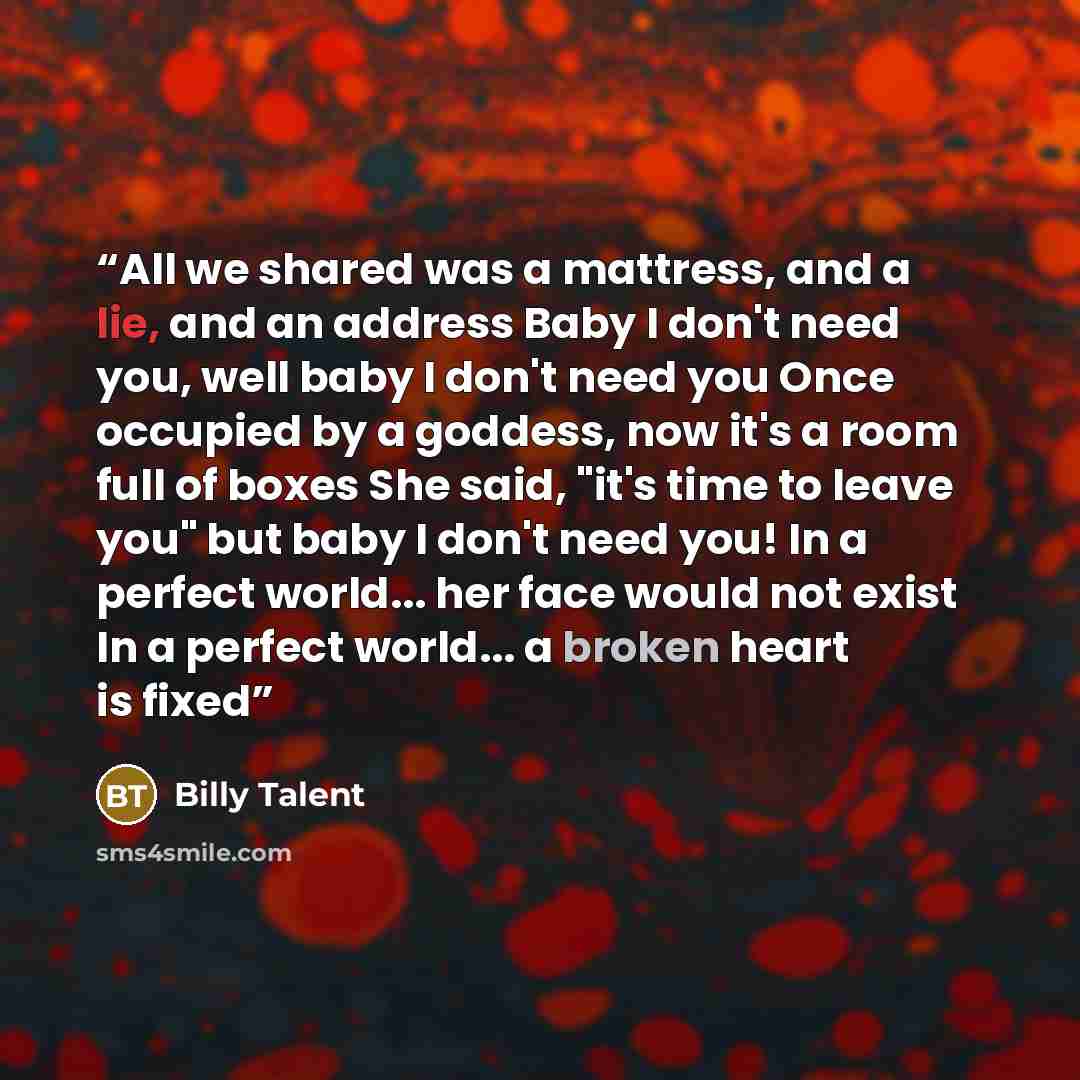 “All we shared was a mattress, and a lie, and an address Baby I don't need you, well baby I don't need you Once occupied by a goddess, now it's a room full of boxes She said, "it's time to leave you" but baby I don't need you! In a perfect world... her face would not exist In a perfect world... a…” quote by Billy Talent