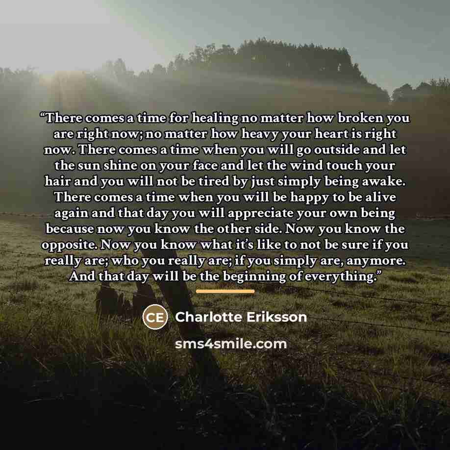 “There comes a time for healing no matter how broken you are right now; no matter how heavy your heart is right now. There comes a time when you will go outside and let the sun shine on your face and let the wind touch your hair and you will not be tired by just simply being awake. There comes a…” quote by Charlotte Eriksson