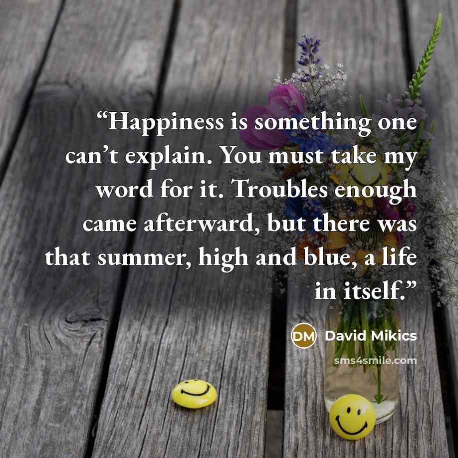 “Happiness is something one can’t explain. You must take my word for it. Troubles enough came afterward, but there was that summer, high and blue, a life in itself.” quote by David Mikics