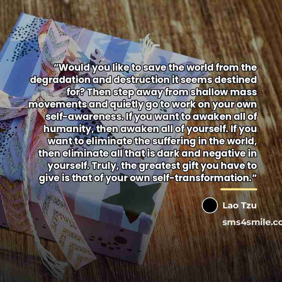 “Would you like to save the world from the degradation and destruction it seems destined for? Then step away from shallow mass movements and quietly go to work on your own self-awareness. If you want to awaken all of humanity, then awaken all of yourself. If you want to eliminate the suffering in…” quote by Lao Tzu
