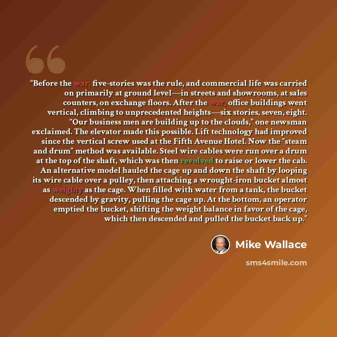 “Before the war, five-stories was the rule, and commercial life was carried on primarily at ground level—in streets and showrooms, at sales counters, on exchange floors. After the war, office buildings went vertical, climbing to unprecedented heights—six stories, seven, eight. “Our business men are…” quote by Mike Wallace