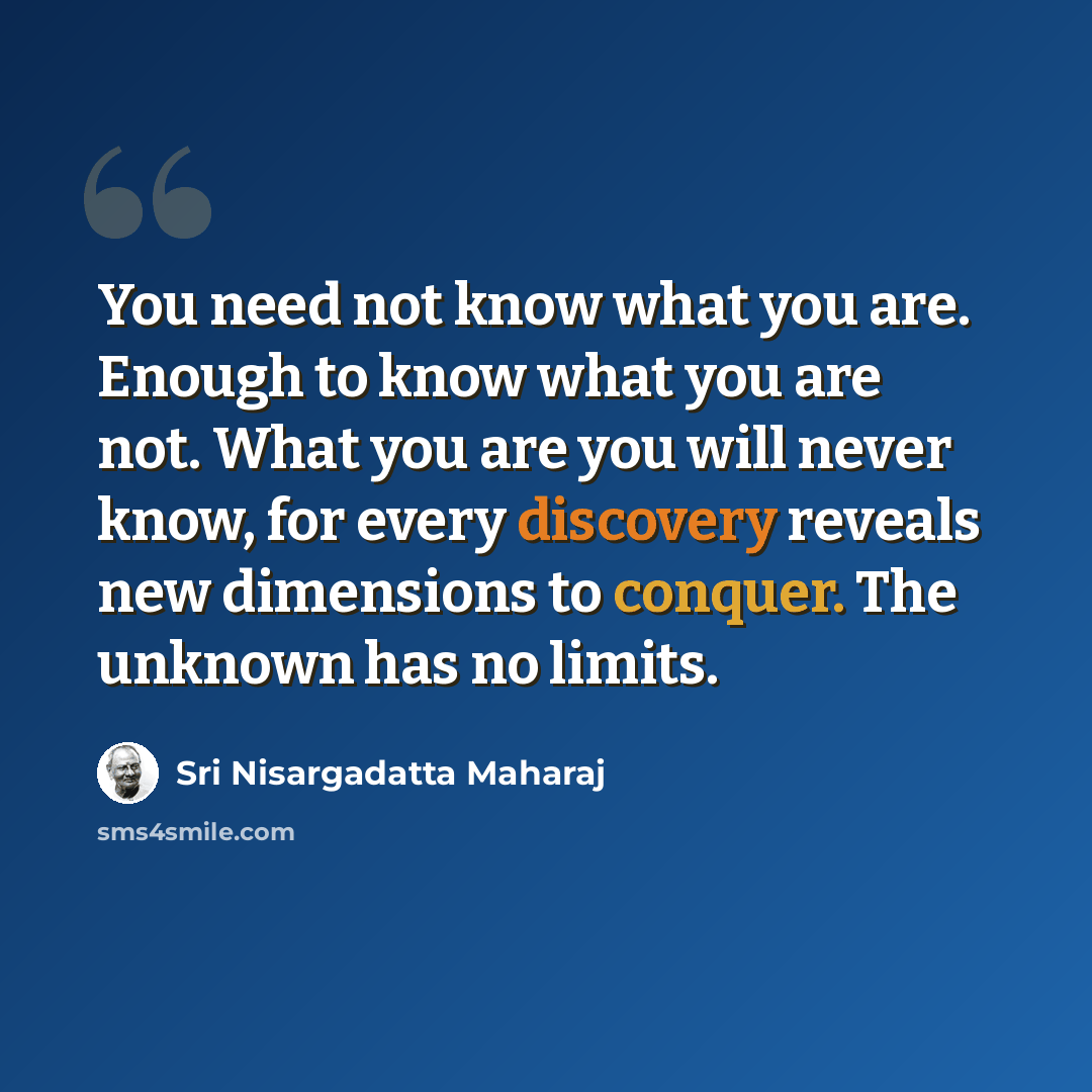 “You need not know what you are. Enough to know what you are not. What you are you will never know, for every discovery reveals new dimensions to conquer. The unknown has no limits.” quote by Sri Nisargadatta Maharaj