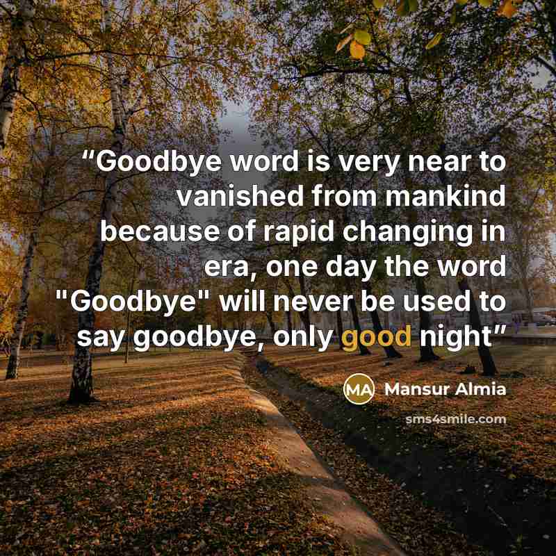 “Goodbye word is very near to vanished from mankind because of rapid changing in era, one day the word "Goodbye" will never be used to say goodbye, only good night” quote by Mansur Almia