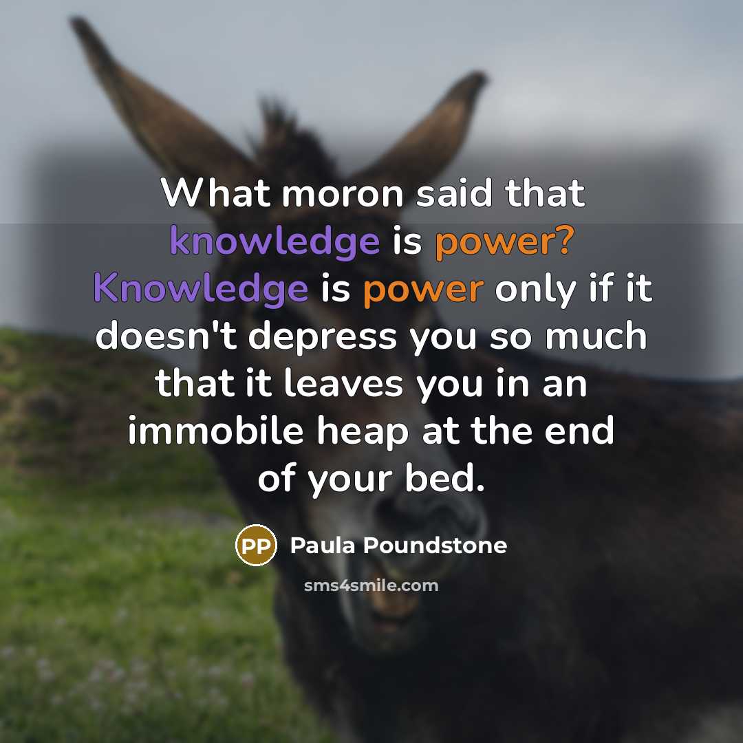 “What moron said that knowledge is power? Knowledge is power only if it doesn't depress you so much that it leaves you in an immobile heap at the end of your bed.” quote by Paula Poundstone
