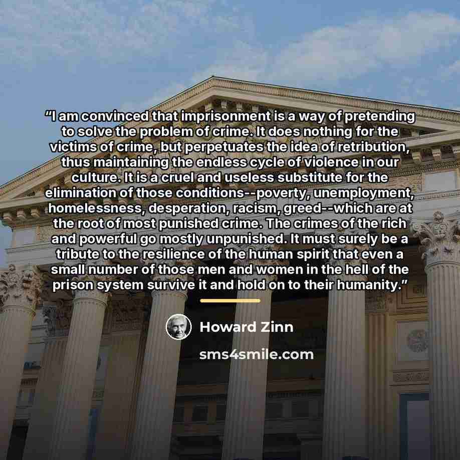 “I am convinced that imprisonment is a way of pretending to solve the problem of crime. It does nothing for the victims of crime, but perpetuates the idea of retribution, thus maintaining the endless cycle of violence in our culture. It is a cruel and useless substitute for the elimination of those…” quote by Howard Zinn