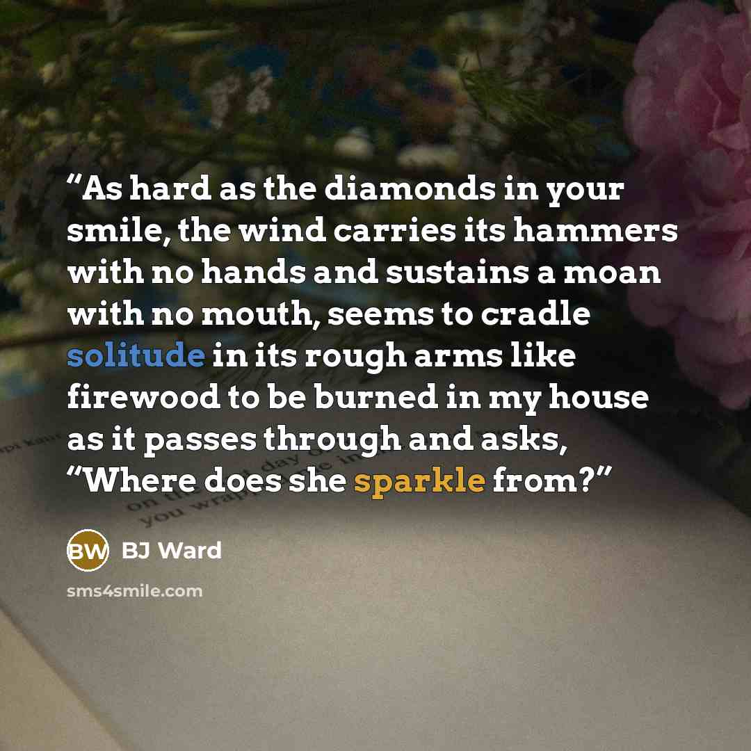 “As hard as the diamonds in your smile, the wind carries its hammers with no hands and sustains a moan with no mouth, seems to cradle solitude in its rough arms like firewood to be burned in my house as it passes through and asks, “Where does she sparkle from?” quote by BJ Ward