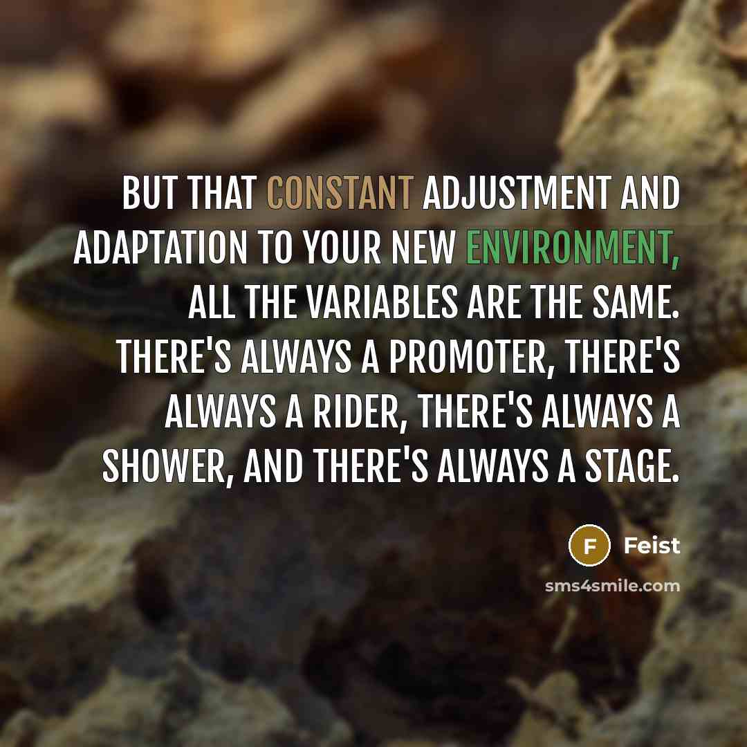 “But that constant adjustment and adaptation to your new environment, all the variables are the same. There's always a promoter, there's always a rider, there's always a shower, and there's always a stage.” quote by Feist