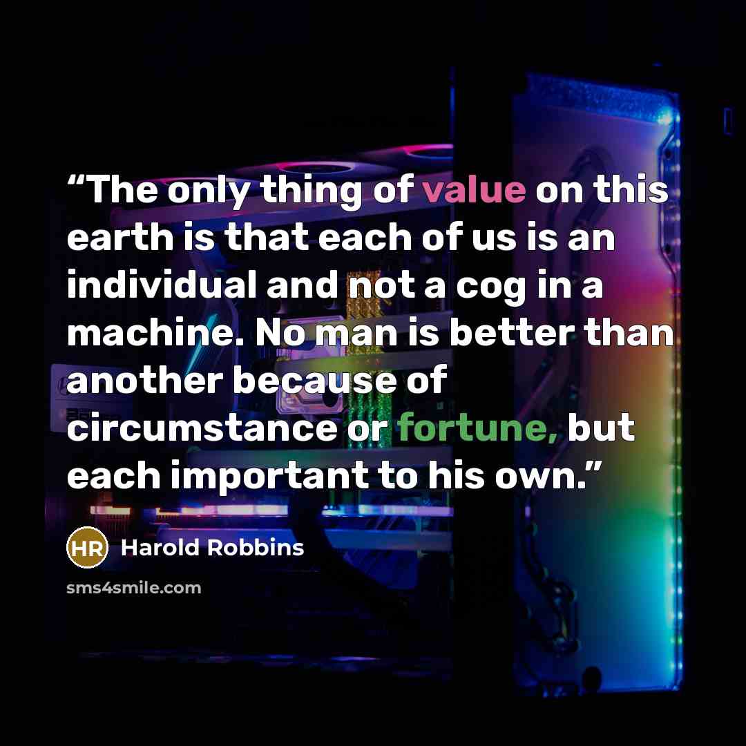 “The only thing of value on this earth is that each of us is an individual and not a cog in a machine. No man is better than another because of circumstance or fortune, but each important to his own.” quote by Harold Robbins