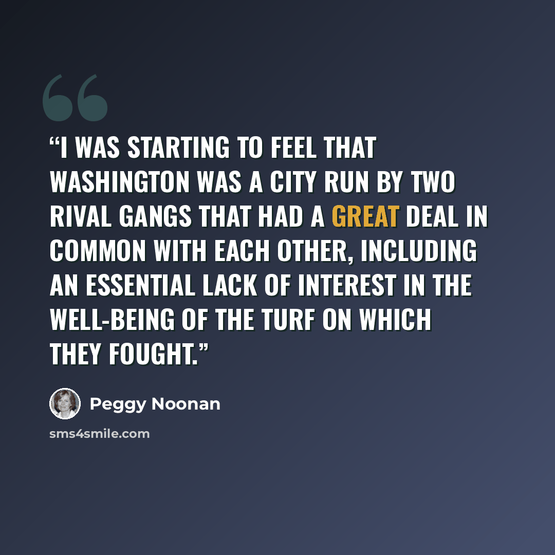“I was starting to feel that Washington was a city run by two rival gangs that had a great deal in common with each other, including an essential lack of interest in the well-being of the turf on which they fought.” quote by Peggy Noonan