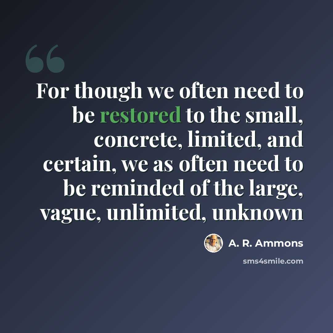 “For though we often need to be restored to the small, concrete, limited, and certain, we as often need to be reminded of the large, vague, unlimited, unknown” quote by A. R. Ammons