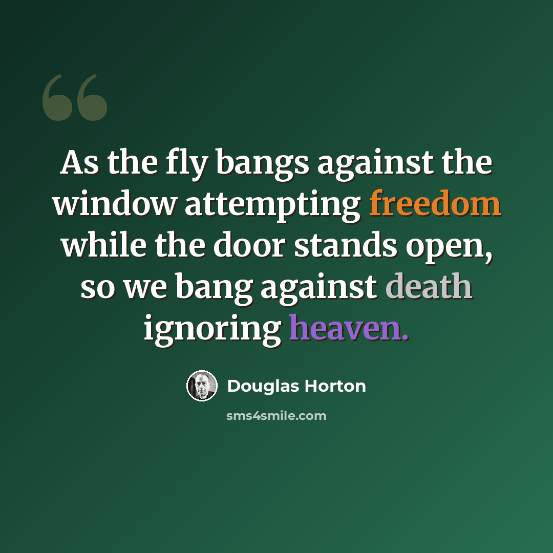 “As the fly bangs against the window attempting freedom while the door stands open, so we bang against death ignoring heaven.” quote by Douglas Horton