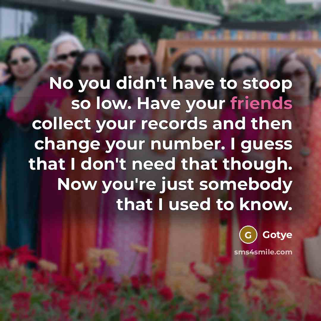 “No you didn't have to stoop so low. Have your friends collect your records and then change your number. I guess that I don't need that though. Now you're just somebody that I used to know.” quote by Gotye
