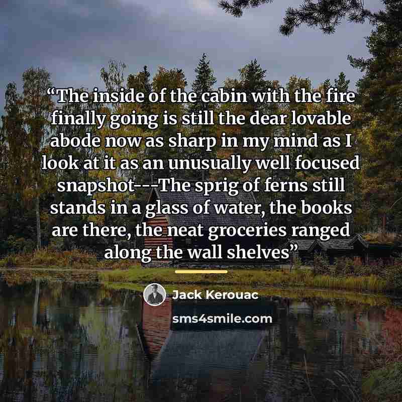 “The inside of the cabin with the fire finally going is still the dear lovable abode now as sharp in my mind as I look at it as an unusually well focused snapshot---The sprig of ferns still stands in a glass of water, the books are there, the neat groceries ranged along the wall shelves” quote by Jack Kerouac