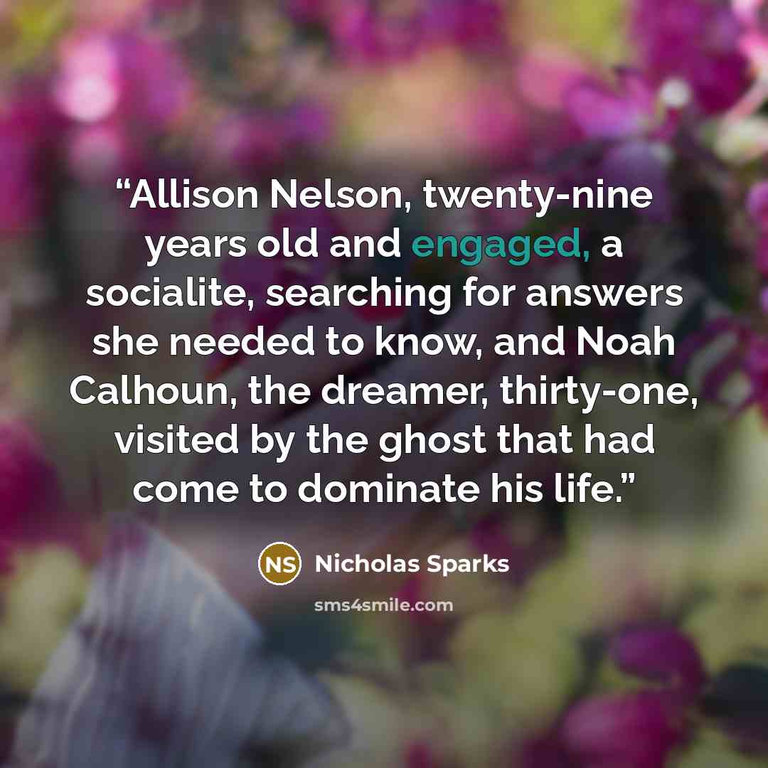 “Allison Nelson, twenty-nine years old and engaged, a socialite, searching for answers she needed to know, and Noah Calhoun, the dreamer, thirty-one, visited by the ghost that had come to dominate his life.” quote by Nicholas Sparks