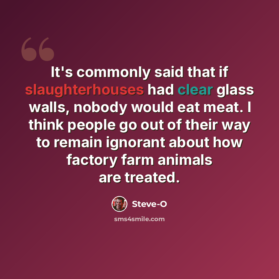 “It's commonly said that if slaughterhouses had clear glass walls, nobody would eat meat. I think people go out of their way to remain ignorant about how factory farm animals are treated.” quote by Steve-O