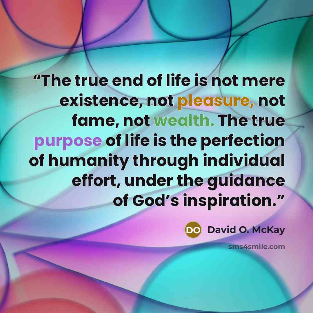 “The true end of life is not mere existence, not pleasure, not fame, not wealth. The true purpose of life is the perfection of humanity through individual effort, under the guidance of God’s inspiration.” quote by David O. McKay