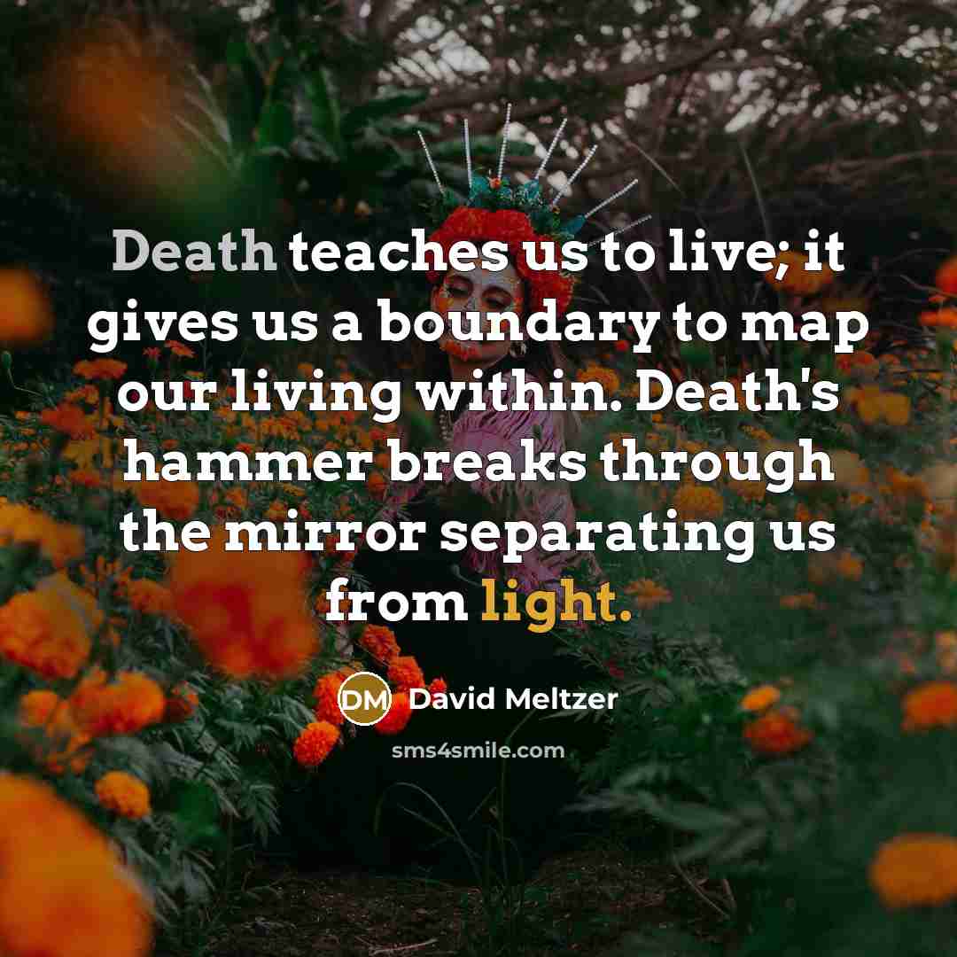 “Death teaches us to live; it gives us a boundary to map our living within. Death's hammer breaks through the mirror separating us from light.” quote by David Meltzer