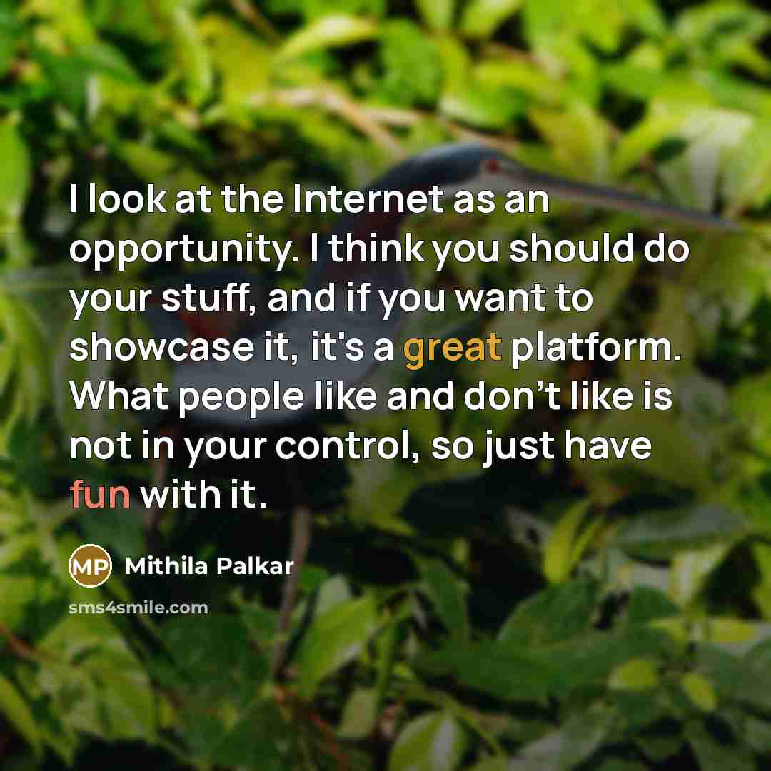 “I look at the Internet as an opportunity. I think you should do your stuff, and if you want to showcase it, it's a great platform. What people like and don't like is not in your control, so just have fun with it.” quote by Mithila Palkar