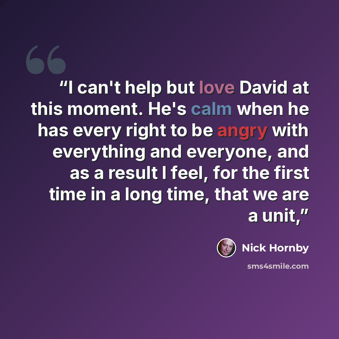 “I can't help but love David at this moment. He's calm when he has every right to be angry with everything and everyone, and as a result I feel, for the first time in a long time, that we are a unit,” quote by Nick Hornby