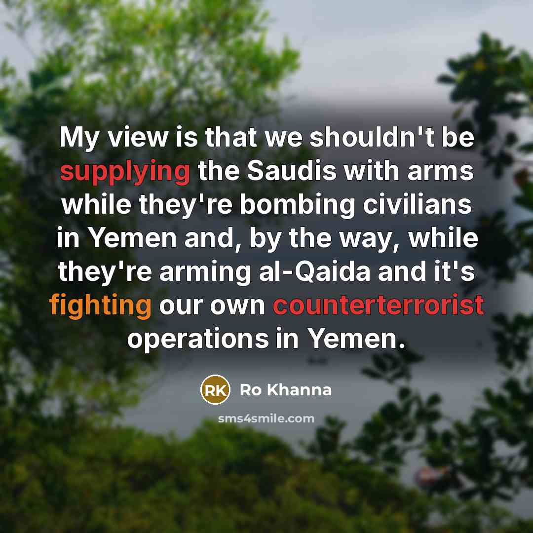 “My view is that we shouldn't be supplying the Saudis with arms while they're bombing civilians in Yemen and, by the way, while they're arming al-Qaida and it's fighting our own counterterrorist operations in Yemen.” quote by Ro Khanna