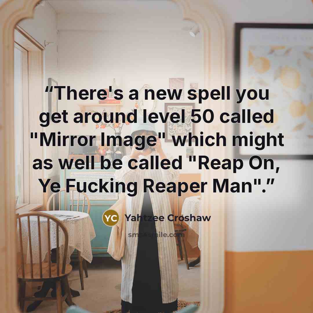 “There's a new spell you get around level 50 called "Mirror Image" which might as well be called "Reap On, Ye Fucking Reaper Man".” quote by Yahtzee Croshaw