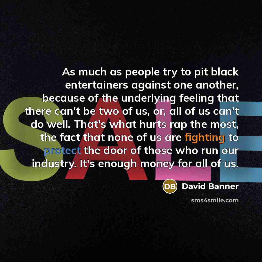 “As much as people try to pit black entertainers against one another, because of the underlying feeling that there can't be two of us, or, all of us can't do well. That's what hurts rap the most, the fact that none of us are fighting to protect the door of those who run our industry. It's enough…” quote by David Banner