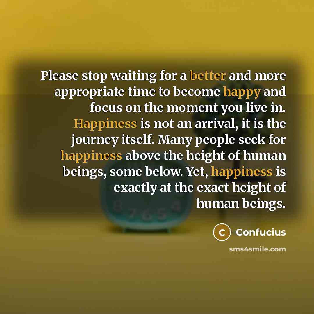 “Please stop waiting for a better and more appropriate time to become happy and focus on the moment you live in. Happiness is not an arrival, it is the journey itself. Many people seek for happiness above the height of human beings, some below. Yet, happiness is exactly at the exact height of human…” quote by Confucius