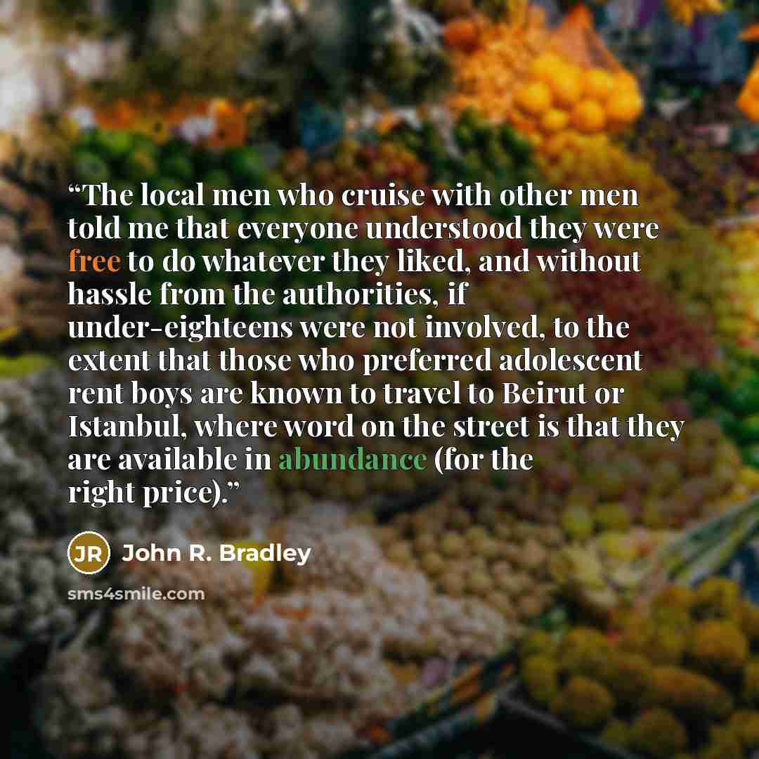 “The local men who cruise with other men told me that everyone understood they were free to do whatever they liked, and without hassle from the authorities, if under-eighteens were not involved, to the extent that those who preferred adolescent rent boys are known to travel to Beirut or Istanbul…” quote by John R. Bradley