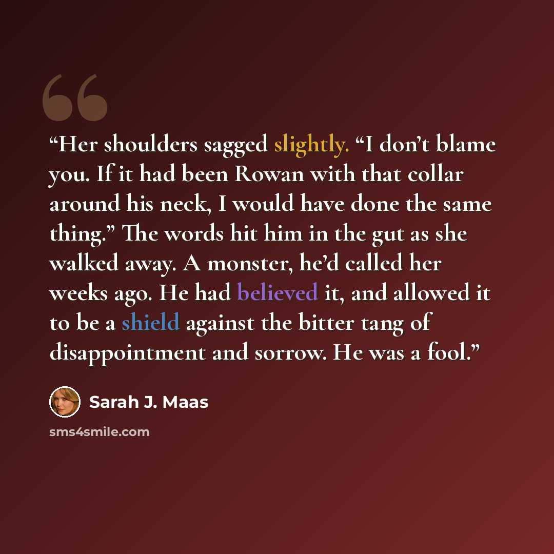 “Her shoulders sagged slightly. “I don’t blame you. If it had been Rowan with that collar around his neck, I would have done the same thing.” The words hit him in the gut as she walked away. A monster, he’d called her weeks ago. He had believed it, and allowed it to be a shield against the bitter…” quote by Sarah J. Maas