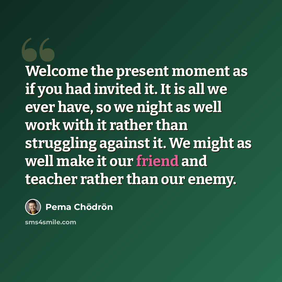 “Welcome the present moment as if you had invited it. It is all we ever have, so we night as well work with it rather than struggling against it. We might as well make it our friend and teacher rather than our enemy.” quote by Pema Chodron