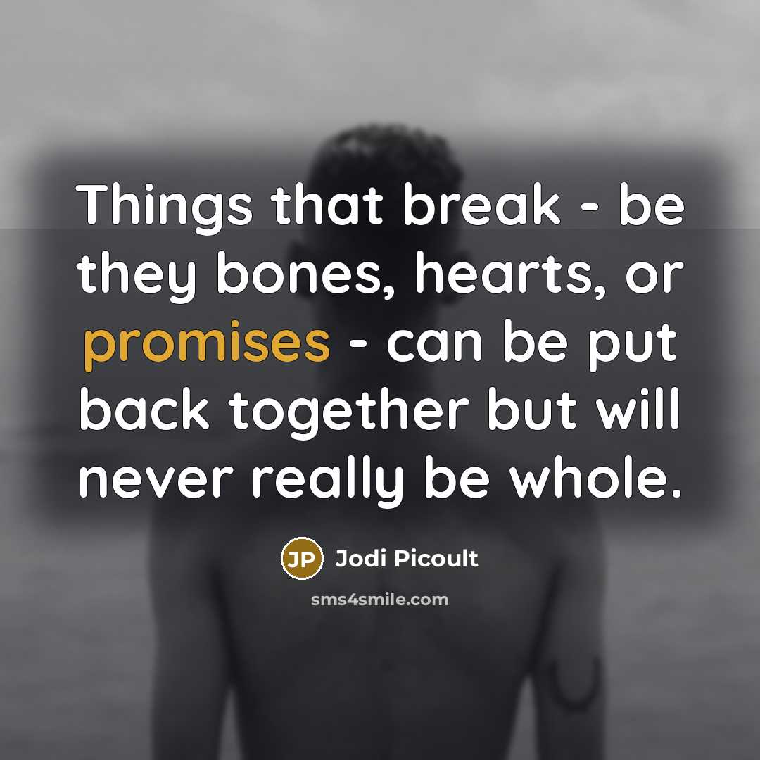 “Things that break - be they bones, hearts, or promises - can be put back together but will never really be whole.” quote by Jodi Picoult
