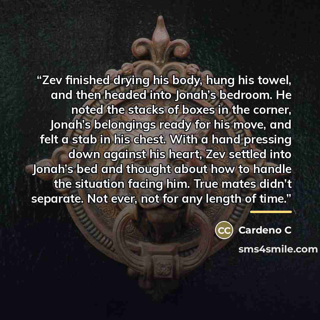 “Zev finished drying his body, hung his towel, and then headed into Jonah’s bedroom. He noted the stacks of boxes in the corner, Jonah’s belongings ready for his move, and felt a stab in his chest. With a hand pressing down against his heart, Zev settled into Jonah’s bed and thought about how to…” quote by Cardeno C