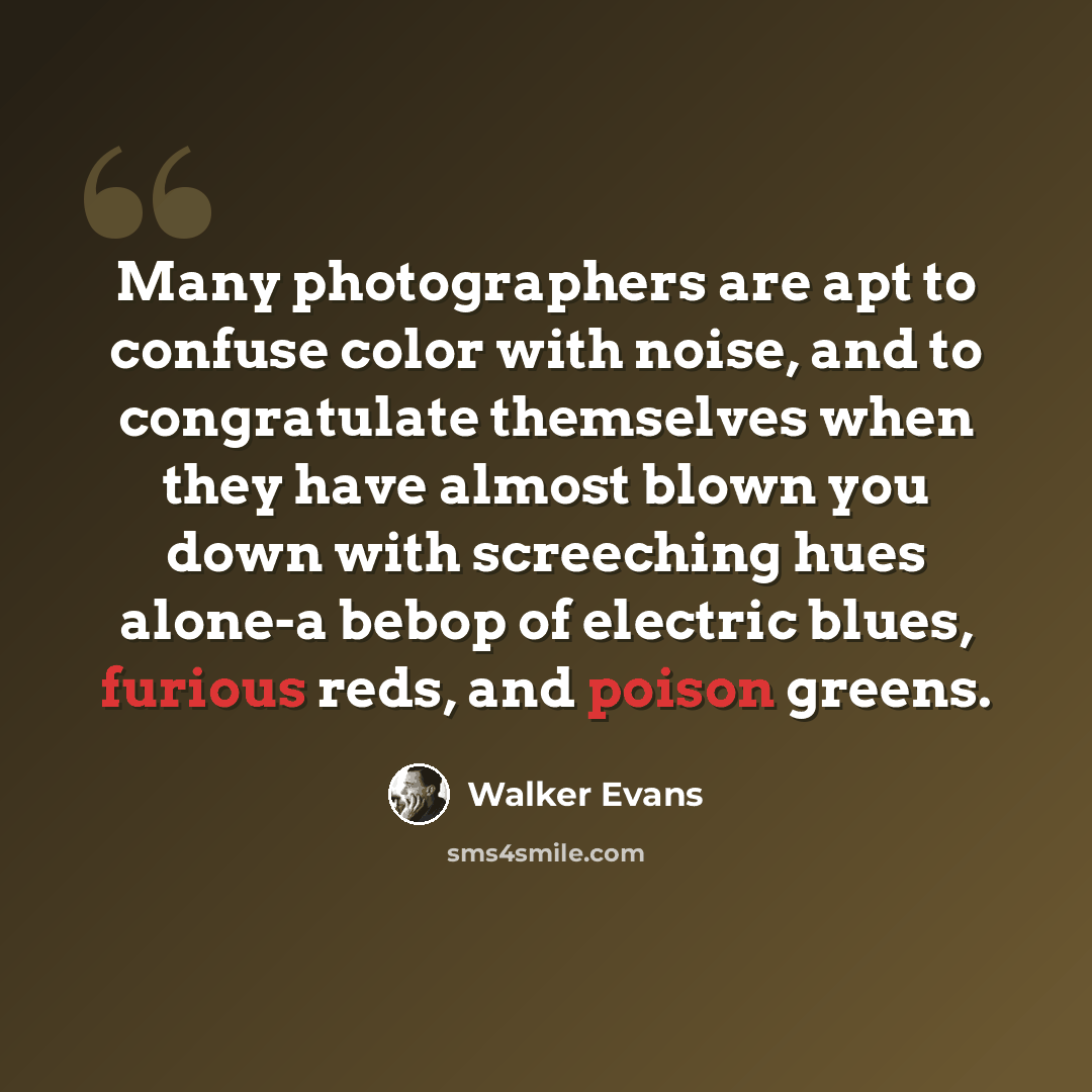 “Many photographers are apt to confuse color with noise, and to congratulate themselves when they have almost blown you down with screeching hues alone-a bebop of electric blues, furious reds, and poison greens.” quote by Walker Evans