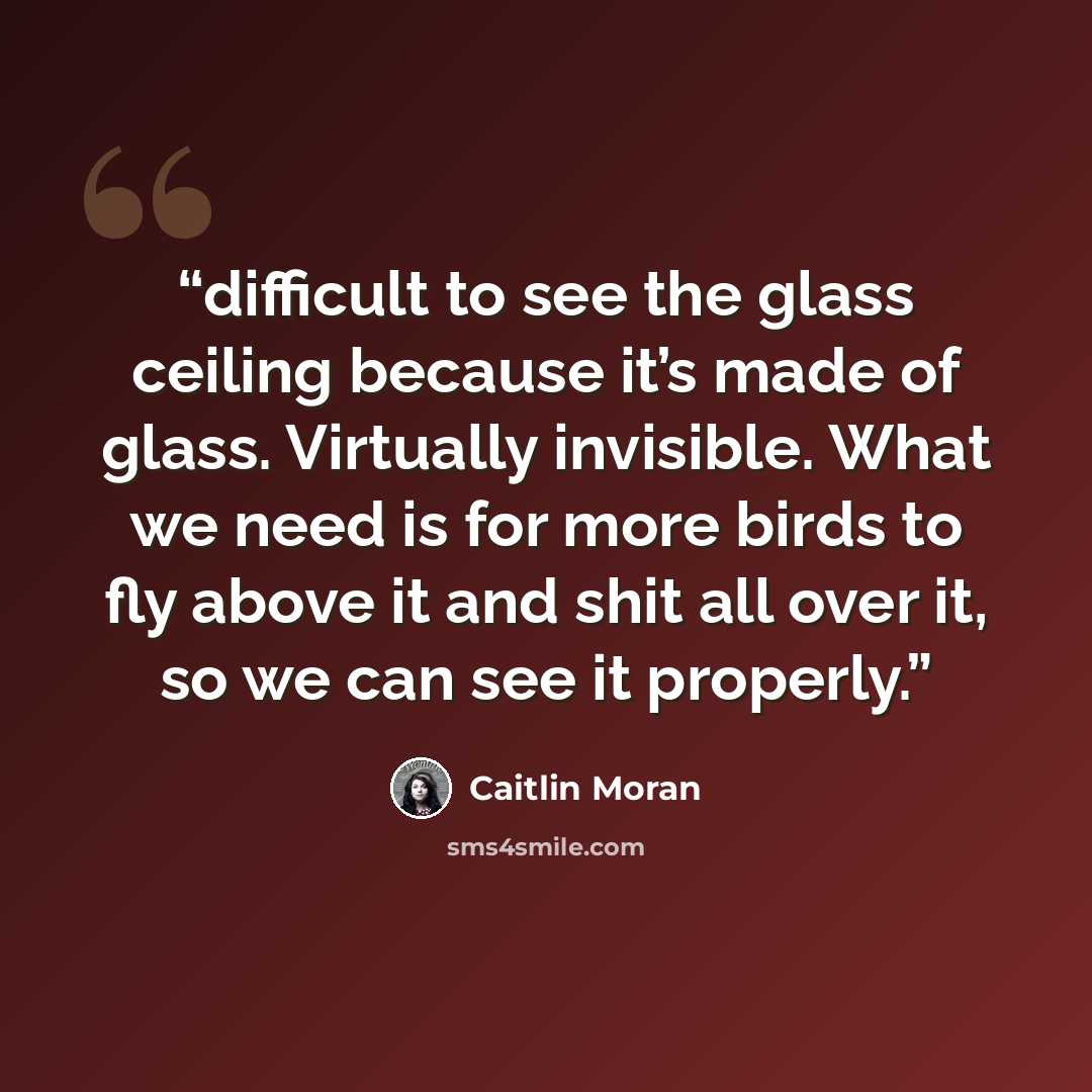 “difficult to see the glass ceiling because it’s made of glass. Virtually invisible. What we need is for more birds to fly above it and shit all over it, so we can see it properly.” quote by Caitlin Moran