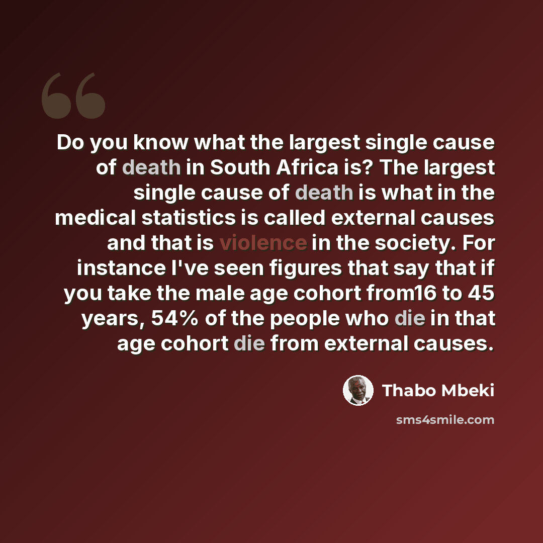 “Do you know what the largest single cause of death in South Africa is? The largest single cause of death is what in the medical statistics is called external causes and that is violence in the society. For instance I've seen figures that say that if you take the male age cohort from16 to 45 years…” quote by Thabo Mbeki