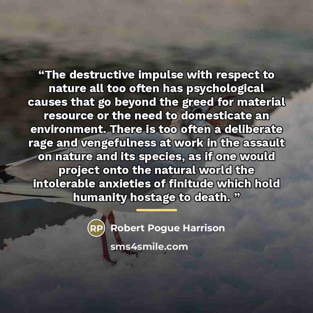 “The destructive impulse with respect to nature all too often has psychological causes that go beyond the greed for material resource or the need to domesticate an environment. There is too often a deliberate rage and vengefulness at work in the assault on nature and its species, as if one would…” quote by Robert Pogue Harrison