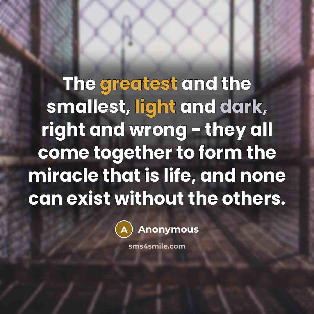 “The greatest and the smallest, light and dark, right and wrong - they all come together to form the miracle that is life, and none can exist without the others.” quote by Anonymous