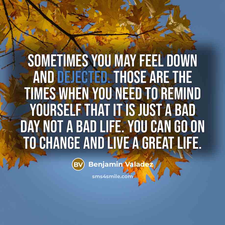 “Sometimes you may feel down and dejected. Those are the times when you need to remind yourself that it is just a bad day not a bad life. You can go on to change and live a great life.” quote by Benjamin Valadez
