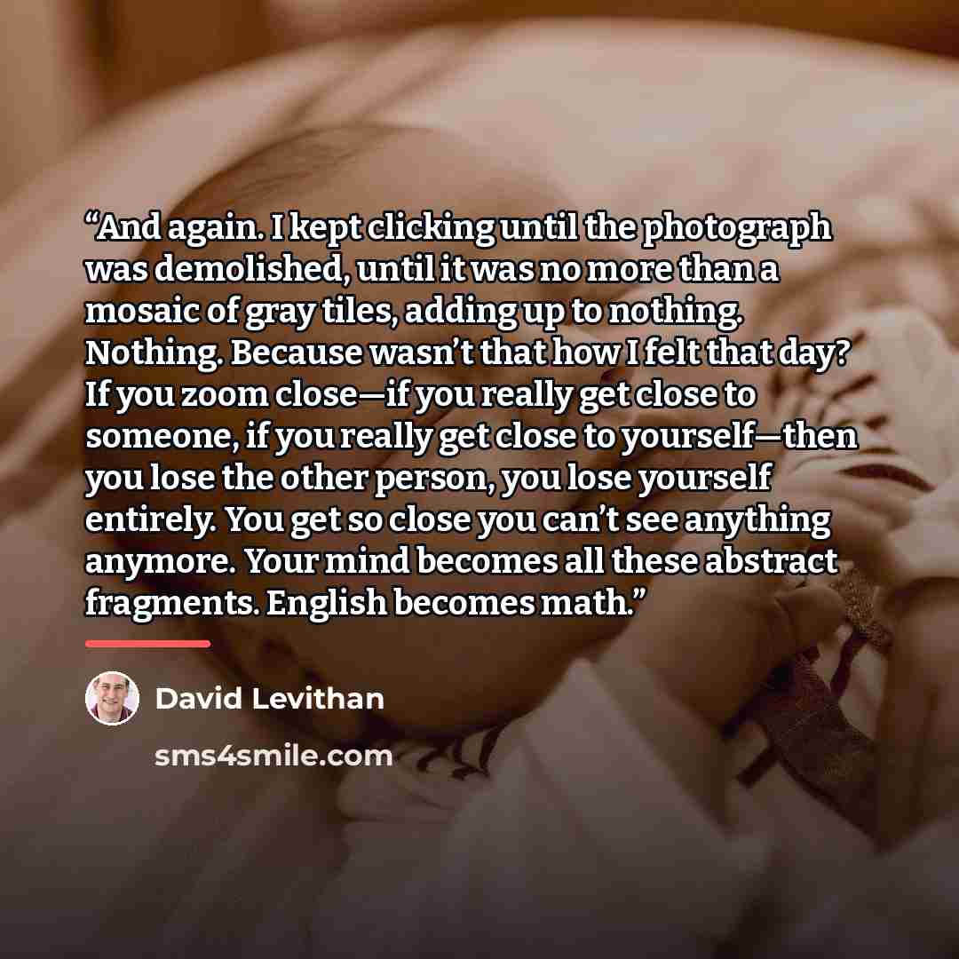 “And again. I kept clicking until the photograph was demolished, until it was no more than a mosaic of gray tiles, adding up to nothing. Nothing. Because wasn’t that how I felt that day? If you zoom close—if you really get close to someone, if you really get close to yourself—then you lose the…” quote by David Levithan