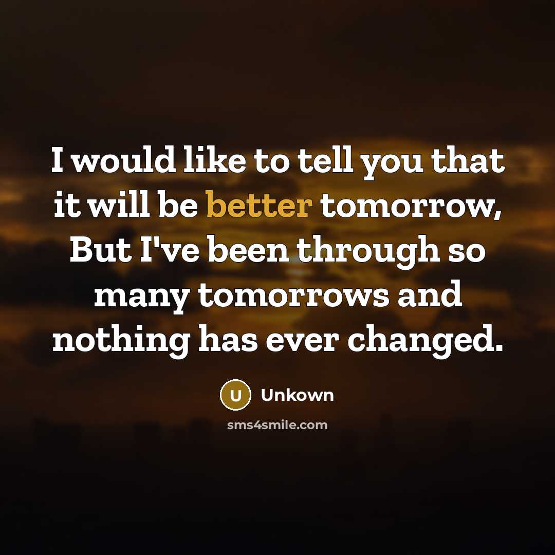 “I would like to tell you that it will be better tomorrow, But I've been through so many tomorrows and nothing has ever changed.” quote by Unkown