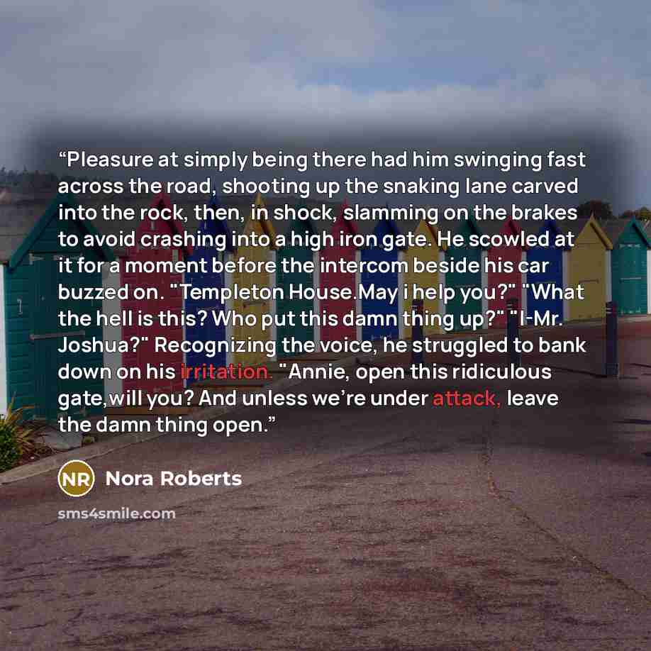 “Pleasure at simply being there had him swinging fast across the road, shooting up the snaking lane carved into the rock, then, in shock, slamming on the brakes to avoid crashing into a high iron gate. He scowled at it for a moment before the intercom beside his car buzzed on. "Templeton House.May…” quote by Nora Roberts